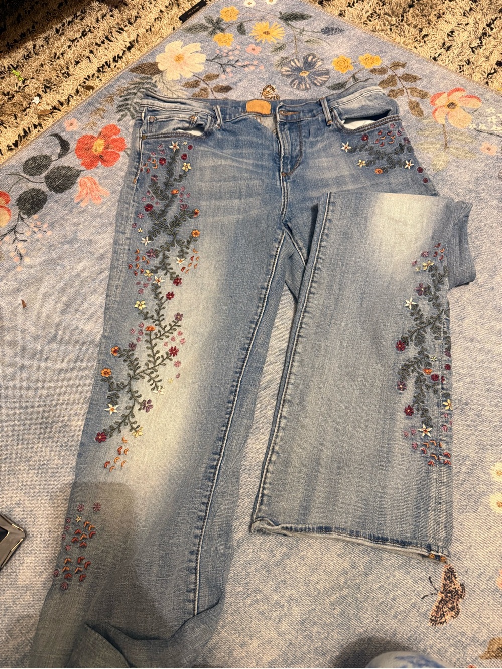 DRIFTWOOD Light Blue Boot Cut Jeans with Floral Embroidery